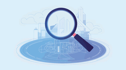 Magnifying glass over abstract blue city buildings and clouds