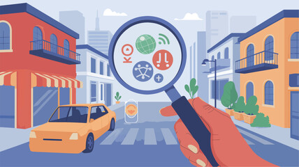Hand holding magnifying glass over city street with car and icons