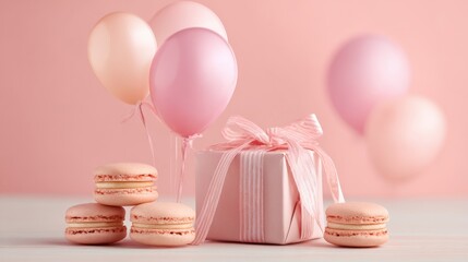 Pink Balloons and Gift with Macarons on Soft Background