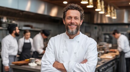 Confident Chef Smiling in a Modern Restaurant Kitchen Setting