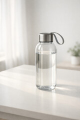 Clear glass water bottle with a silver lid and grey handle, filled with water, sitting on a white table in a bright room.