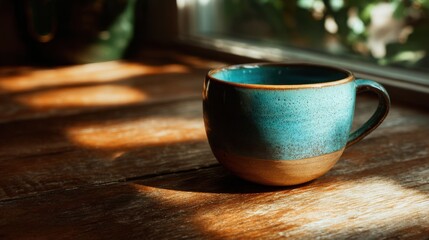 Beautiful Teal Coffee Cup on Rustic Wooden Table in Natural Light