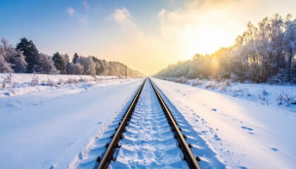 Snowy Railway Tracks Under Sunset Light in a Winter Landscape with Trees and Clear Sky