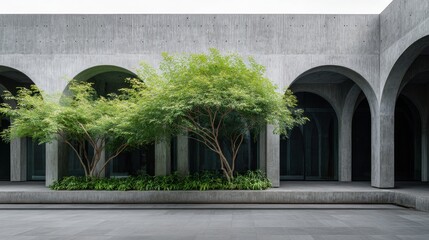 Serene Modern Architecture with Lush Green Trees and Arches