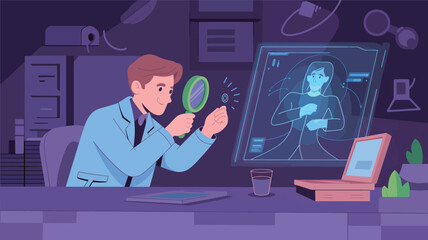 Scientist examining object with magnifying glass in futuristic lab