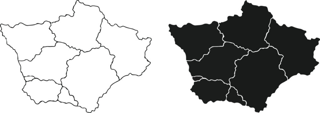 Generic Region Map Outline and Solid Black Vector with Internal Divisions