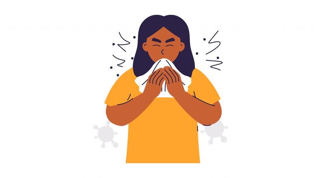 Cartoon Of A Woman Sneezing Into A Tissue Animated Vector Graphics White Background Covid Virus