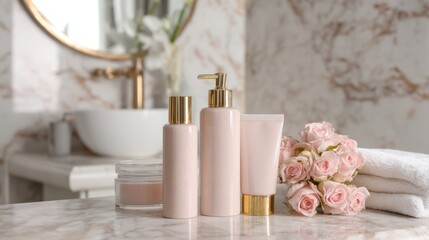 Elegant Bathroom Arrangement with Skincare Products and Roses