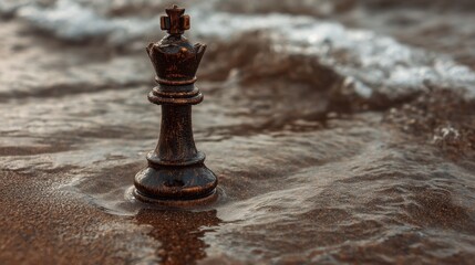 Chess King Piece Standing Alone on Beach Surrounded by Waves
