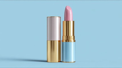 Elegant Pink Lipstick on Blue Background with Gold Packaging