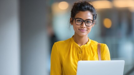 Smiling Woman in Yellow Blouse Using Laptop in Modern Workspace
