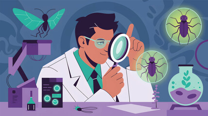 Scientist examines insect with magnifying glass in laboratory