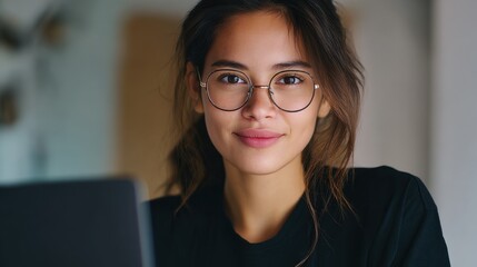 Young Woman with Glasses Smiling While Working on Laptop at Home