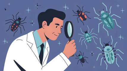 Scientist examines colorful insects with magnifying glass