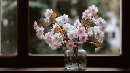 Delicate Pink and White Blossoms in a Glass Vase on a Window Sill