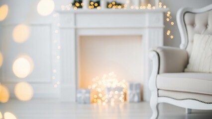 Cozy White Living Room with Fireplace Decorated for Christmas.