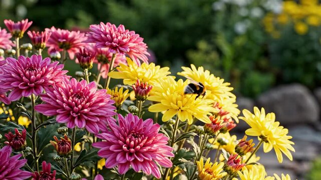 Close-up of vibrant pink and yellow chrysanthemums with a bee pollinating.