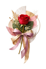 Fototapeta premium Single red rose bouquet with satin ribbon bow and decorative wrap, romantic flower gift isolated on transparent background 