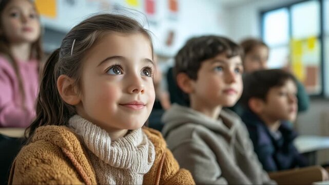 Smiling girl listening during classroom lesson