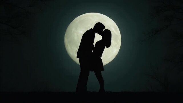 Romantic couple silhouette kissing under a glowing full moon with dark trees in the background at night 4k video footage