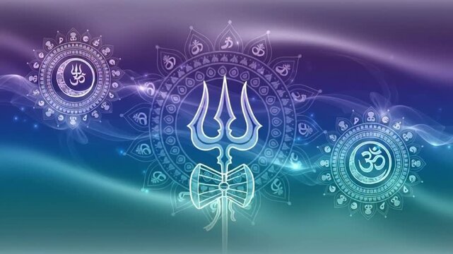 Spiritual background featuring a glowing Trishula, Om symbol, and crescent moon with mandala patterns.