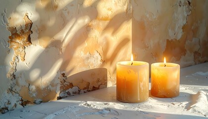 Two lit candles casting warm shadows against a textured wall in a cozy and serene setting