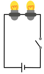 Series electrical circuit with two light bulbs switch and battery