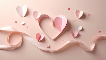Elegant Paper Hearts and Ribbon Display on Soft Pink Background for Romantic Themes