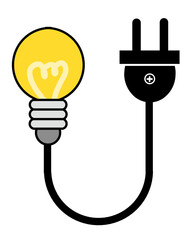Yellow electric light bulb connected to a black power plug