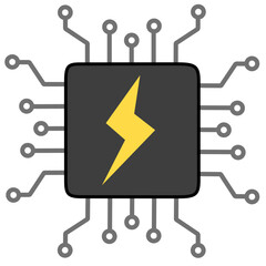Black computer chip icon with lightning bolt and circuit lines