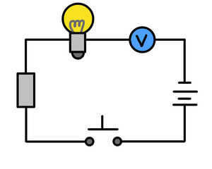 Detailed electrical circuit with bulb resistor voltmeter battery and switch