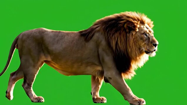 A powerful male lion with a majestic mane strides confidently against a vibrant green backdrop