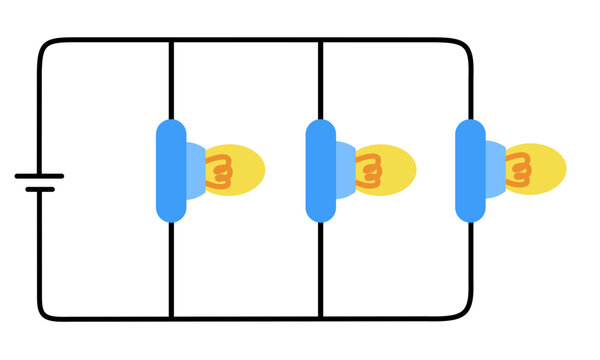 Electrical parallel circuit diagram with three light bulbs and battery
