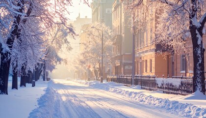 Serene Winter Street with Frosty Trees and Buildings in Soft Morning Light
