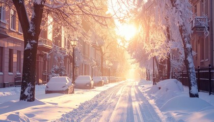 Serene Winter Street Scene with Sunlight Glimmering on Snow-Covered Cars and Trees