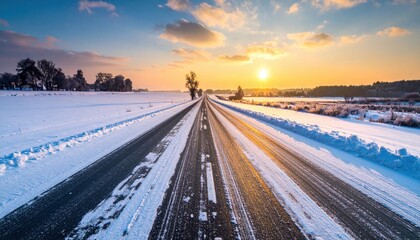 Serene Winter Landscape with Snowy Road and Beautiful Sunset Over Frosty Field