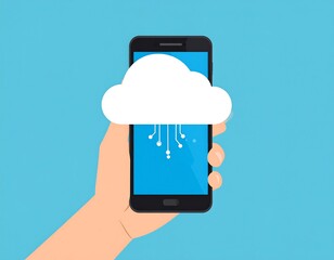 Cartoon illustration of a hand holding a smartphone with a cloud over the screen, showing a circuit design