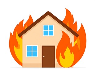 Cartoon illustration of a house consumed by flames, with windows, a door, and a brown roof against a white background