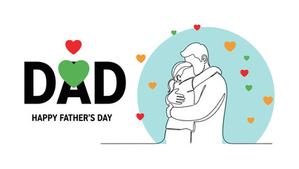 Happy Fathers Day illustration with dad and child hugging.
