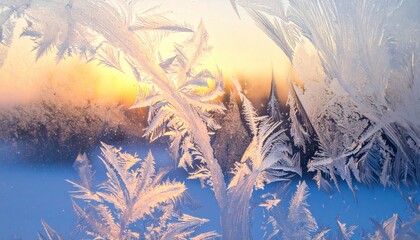 Beautiful Frost Patterns on Window with Sunset Glow in Background