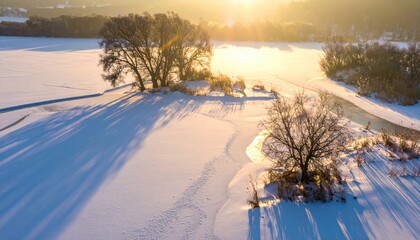 Snow-Covered Landscape at Sunrise with Trees and Frozen River in Winter Wonderland