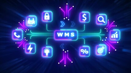 Digital WMS system with interconnected icons representing business functions and technology warehouse management system - Powered by Adobe