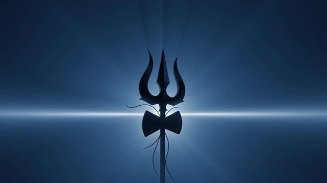 Silhouette of a Hindu Trishula trident and Damaru drum against a bright blue light flare.