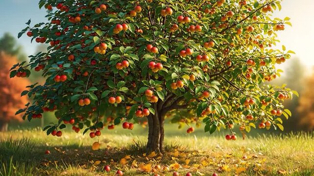 Beautiful apple tree in a field under a bright blue sky.
