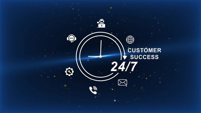 24/7 Customer Success Support Services Concept with Clock and Representing Always Available Help Desk and Assistance Team