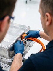 Automotive technician connecting high voltage orange cable to EV battery pack in a clean factory