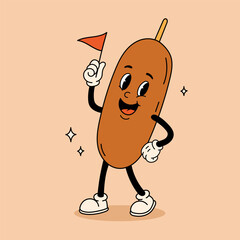 Happy groovy corndog cartoon character holding small flag, playful retro food corndog mascot illustration for branding, stickers, street food design