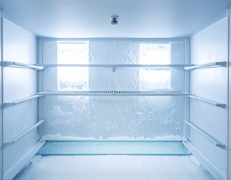 Empty frosty freezer interior with ice buildup and copy space, background for freezing services, cold storage ads and offers.
