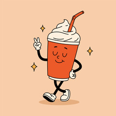 Cheerful milkshake groovy cartoon character posing with peace sign, playful milkshake retro mascot illustration for branding, stickers, social media, fun food concepts