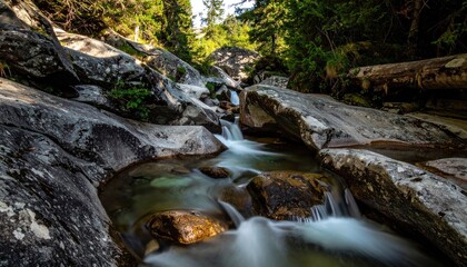 Rocky Stream Cascading Through Forest Landscape with Lush Greenery.